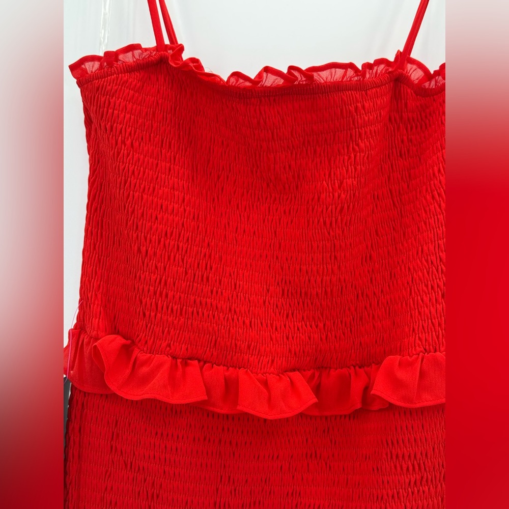 Bebe Stunning Red Smocked Midi Dress with Ruffle Tiers Bodycon Party Dress SZ M - Picture 6 of 13